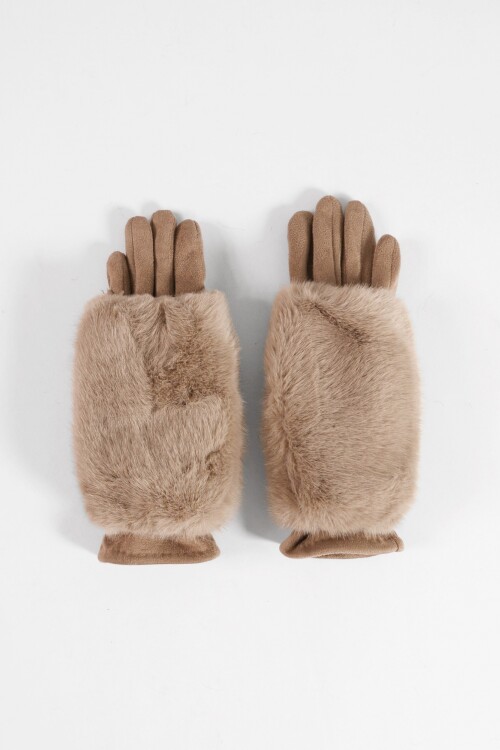 Guantes de suede con miton de pelo removible beige
