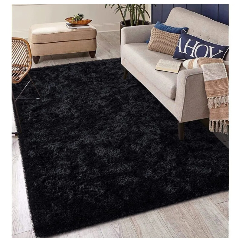 Alfombra Tapete Shaggy Peluda 100 X 150cm Pelo Alto Negro