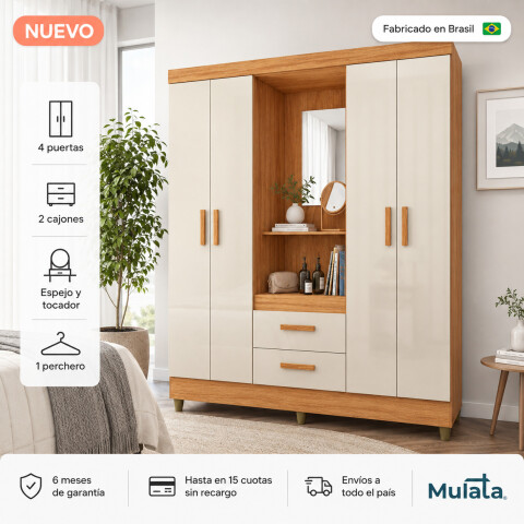 Ropero Vetro 4 Puertas 2 Cajones con Espejo, Perchero y Tocador 150cm MDP - Cinamomo Off White Ropero Vetro 4 Puertas 2 Cajones con Espejo, Perchero y Tocador 150cm MDP - Cinamomo Off White