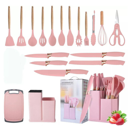Set Cocina Menage 19Pz Utensillos Cuchillos Tabla c/Soporte Rosa