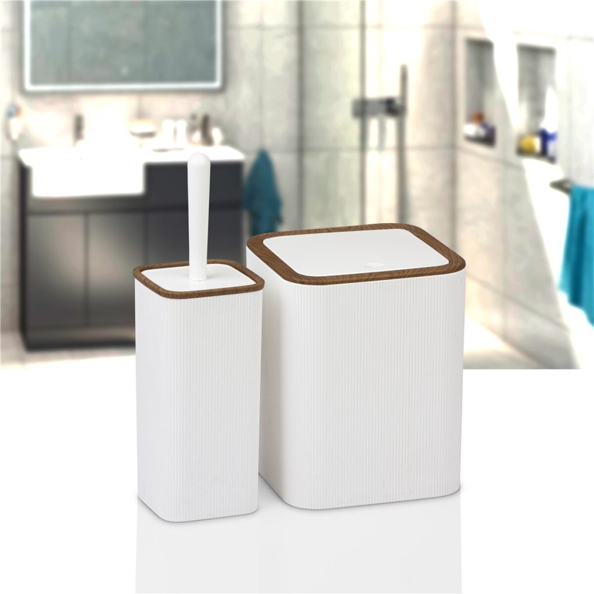 SET 2PCS BAÑO MINA PP/MADERA CUADRADO RAYAS BLANCO 