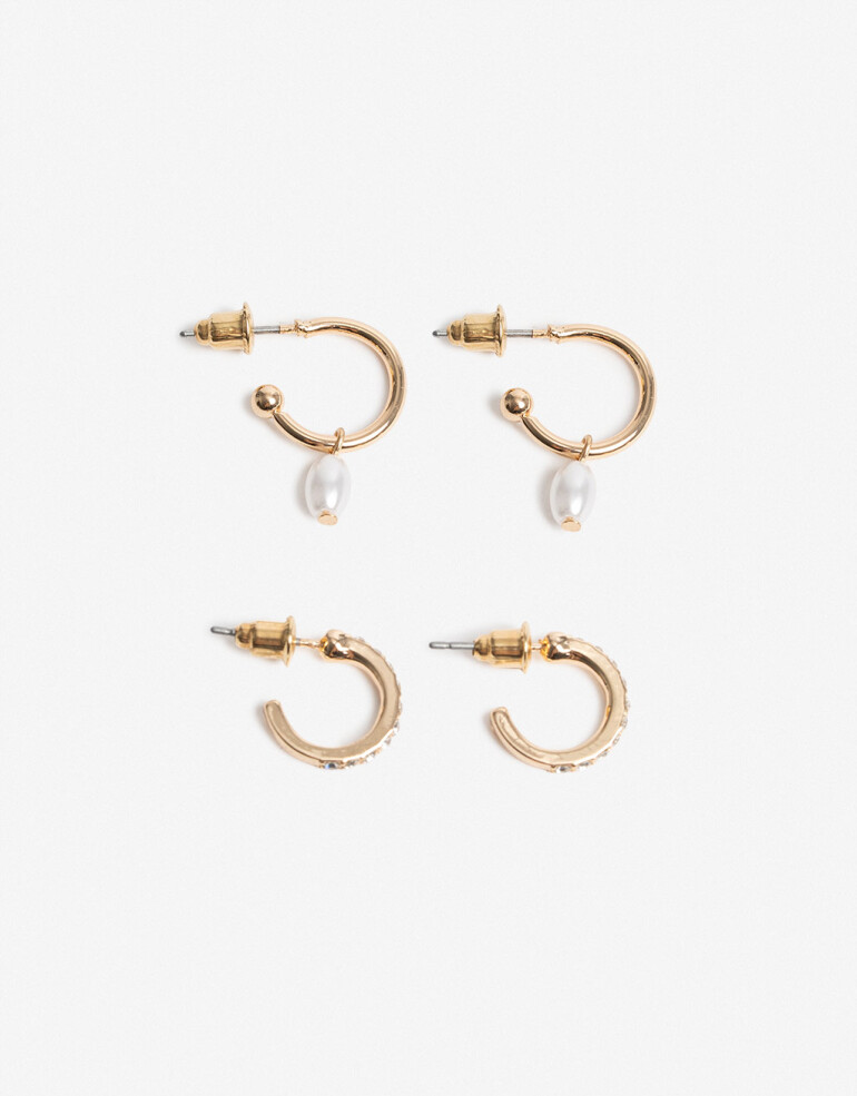 Aros Argollas Set Perlas Set Argollas Strass Y Perla - Dorado
