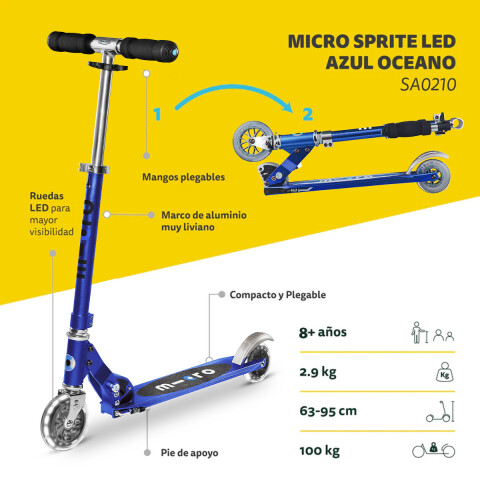 Monopatín Micro Sprite Plegable LED Ajustable con 2 Ruedas AZUL