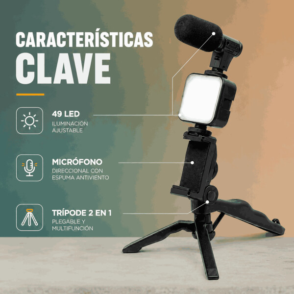Kit de Grabación para Celular con Trípode Luz LED y Micrófono Negro
