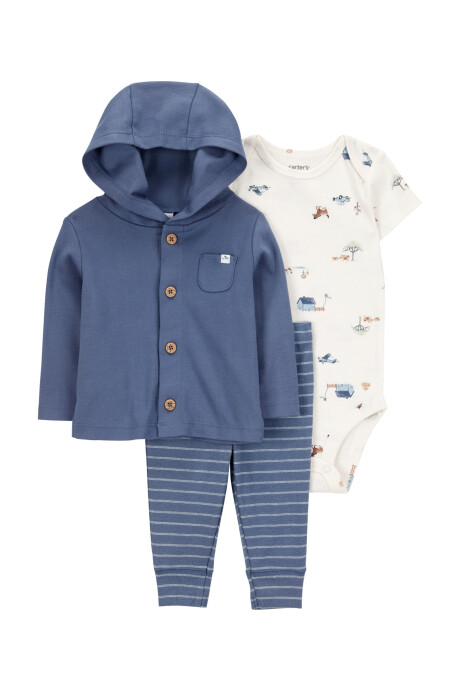 Set tres piezas de algodón, pantalón, saco con capucha y body Set tres piezas de algodón, pantalón, saco con capucha y body