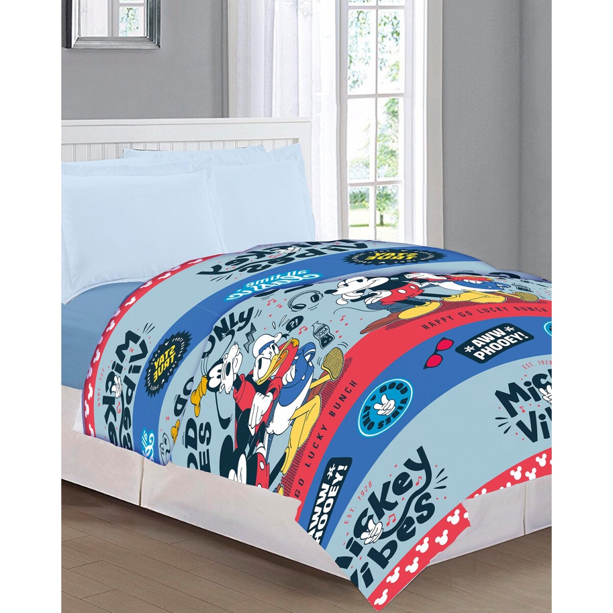 Colcha Capitoneada Infantil Estampada 1 Plaza Diseño Mickey Azul 