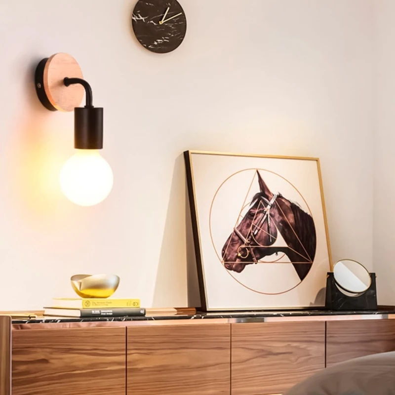 Aplique Pared Nordico Metal Madera Vintage Negro