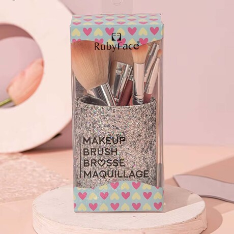 Set Maquillaje 5 Brochas c/ Porta Pinceles + Esponjas Rostro Plateado