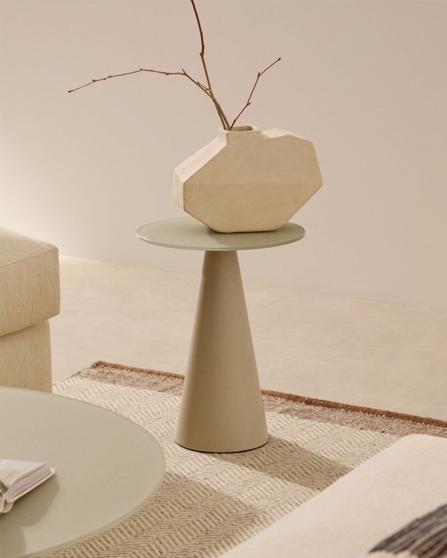 Mesa auxiliar Wilshire vidrio templado glaseado y acero acabado pintado gris mate Ø35cm Mesa auxiliar Wilshire vidrio templado glaseado y acero acabado pintado gris mate Ø35cm