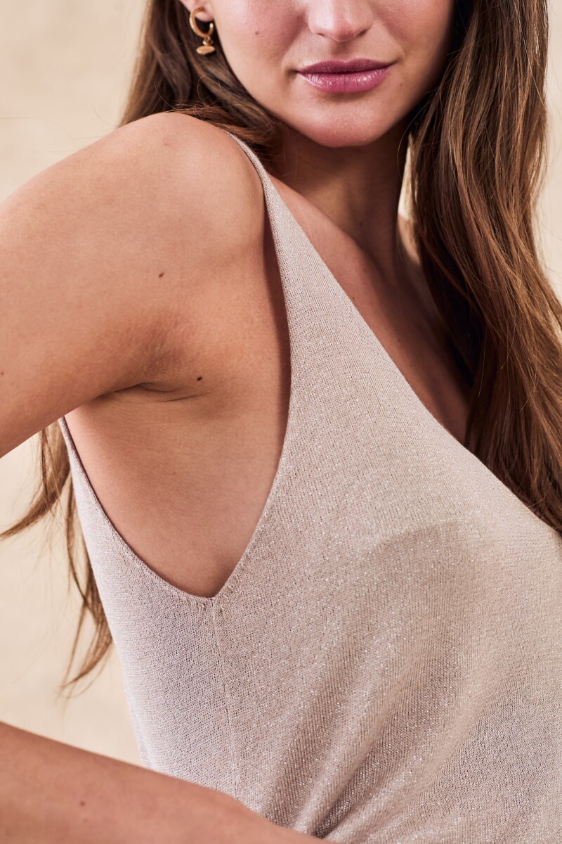 Top Metalizado Escote V Rosa