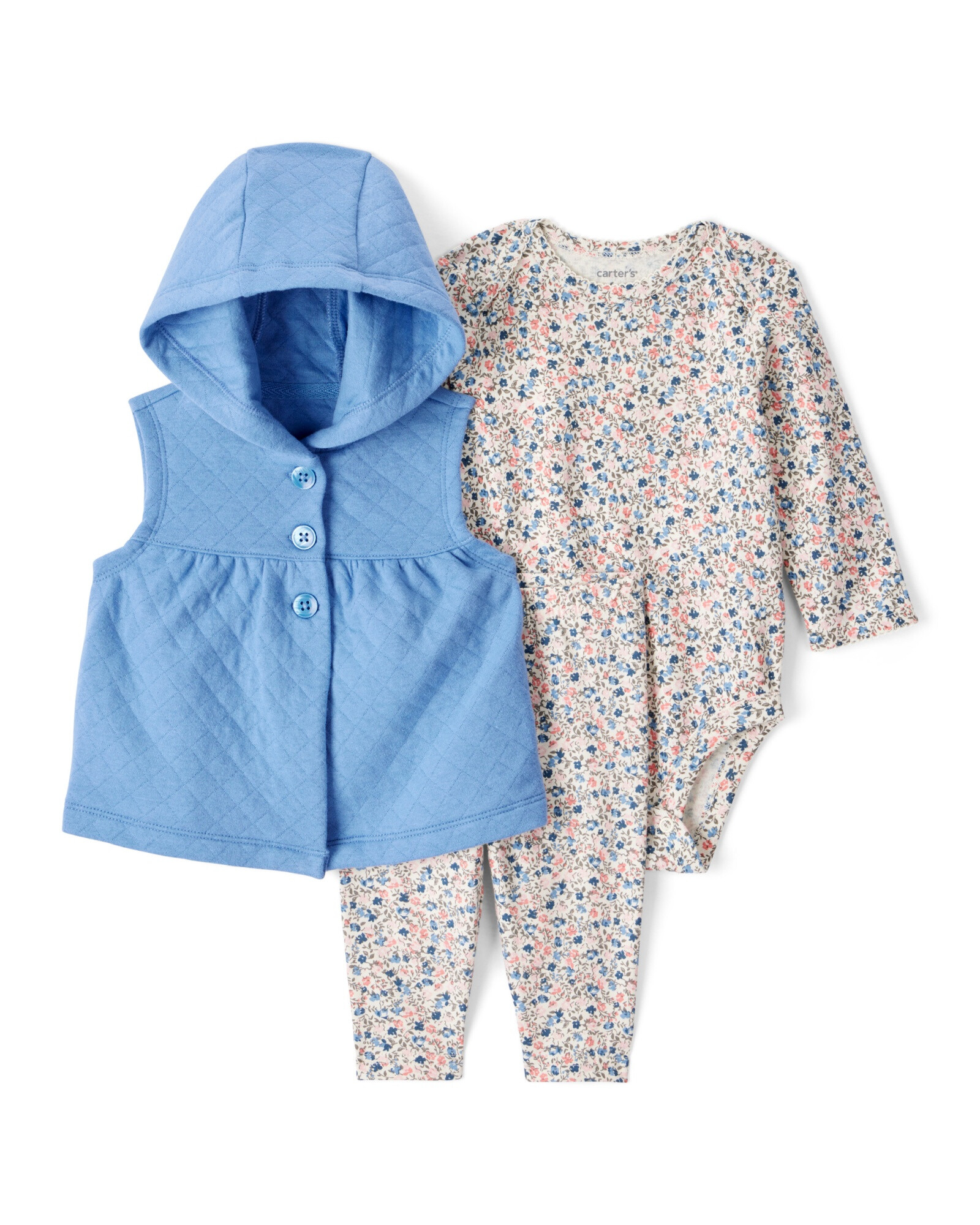 Set tres piezas de algodón, chaleco capitoneado, pantalón y body diseño floral Set tres piezas de algodón, chaleco capitoneado, pantalón y body diseño floral
