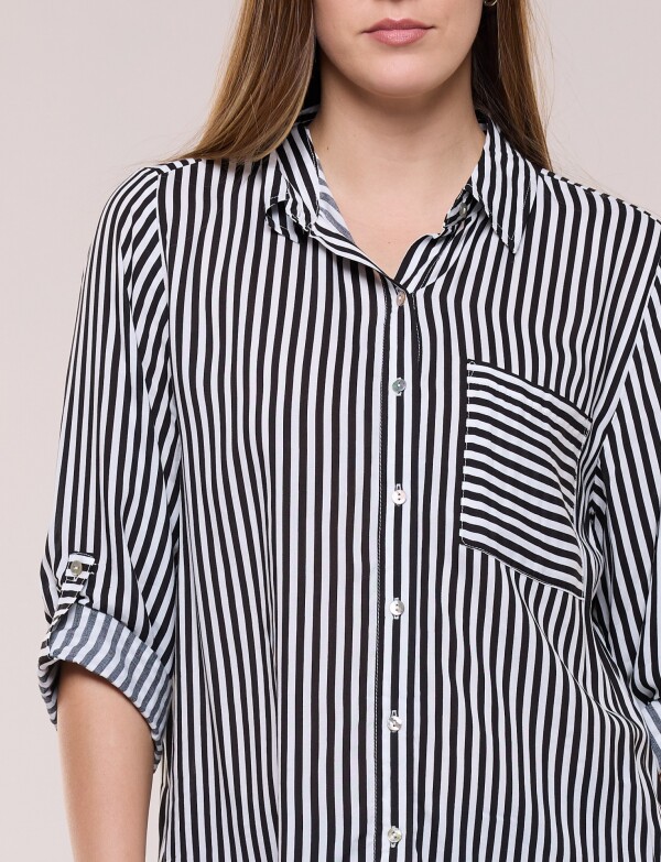 Camisa Clásica Rayada Con Mangas Arremangables NEGRO