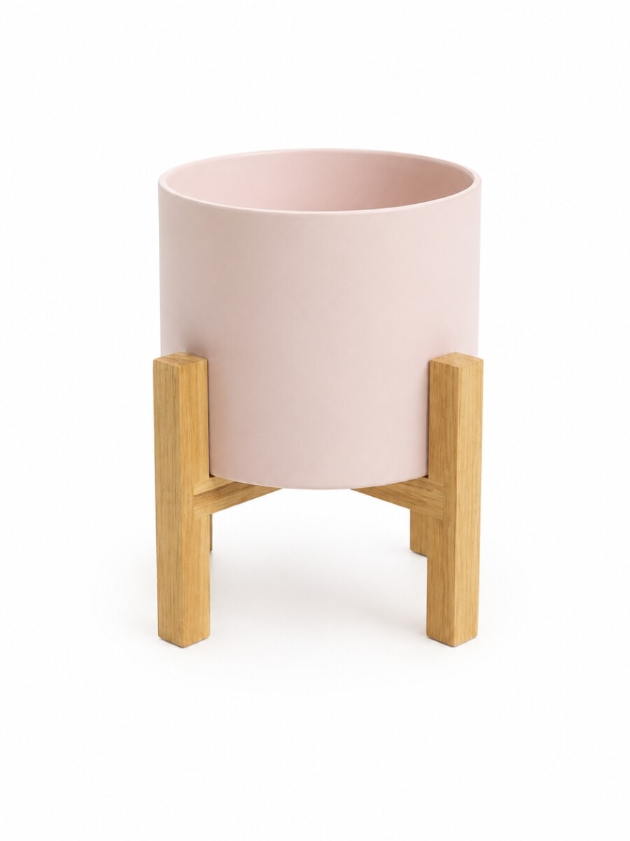 MACETA CERÁMICA M CON SOPORTE DE MADERA ROSA