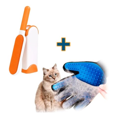 Kit Quita Pelusa Pelo Perro Gato Guante + Cepillo Mascotas Color Variante Naranja