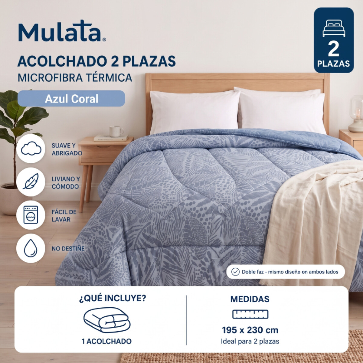 Acolchado 2 Plazas Doble Faz Microfibra Térmico 195 x 230cm - Azul Coral 