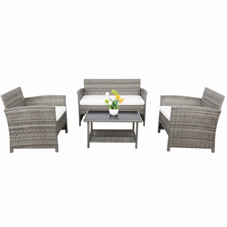 Set X4 Juego Jardín Ratán Sillones + Mesa Patio Gris