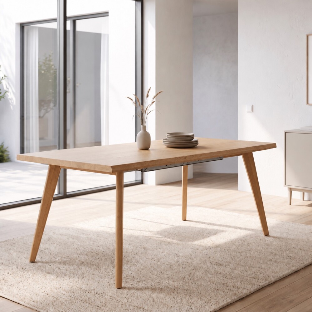 JUEGO DE COMEDOR MESA RECTANGULAR EXTENSIBLE MADERA + 4 SILLAS TAPIZADAS GRIS