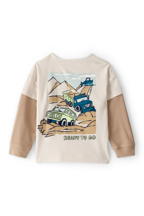 Remera de algodón, manga larga, beige, estampada Sin color
