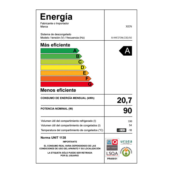 Heladera Xion Xi-hnf270w-wht 252 L HELADERA XION XI-HNF270W 252LTS BLANCA