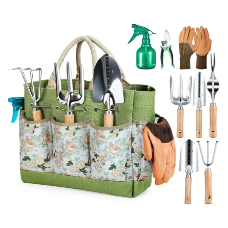 Kit Herramientas De Jardinería Huerta 9 Piezas + Bolso Multicolor