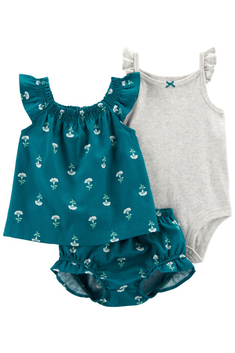Set tres piezas de algodón, short, musculosa y body, diseño floral Sin color