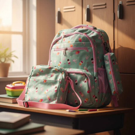 Set Mochila 3 Piezas Estampado Helados Escolar Resistente Verde Claro