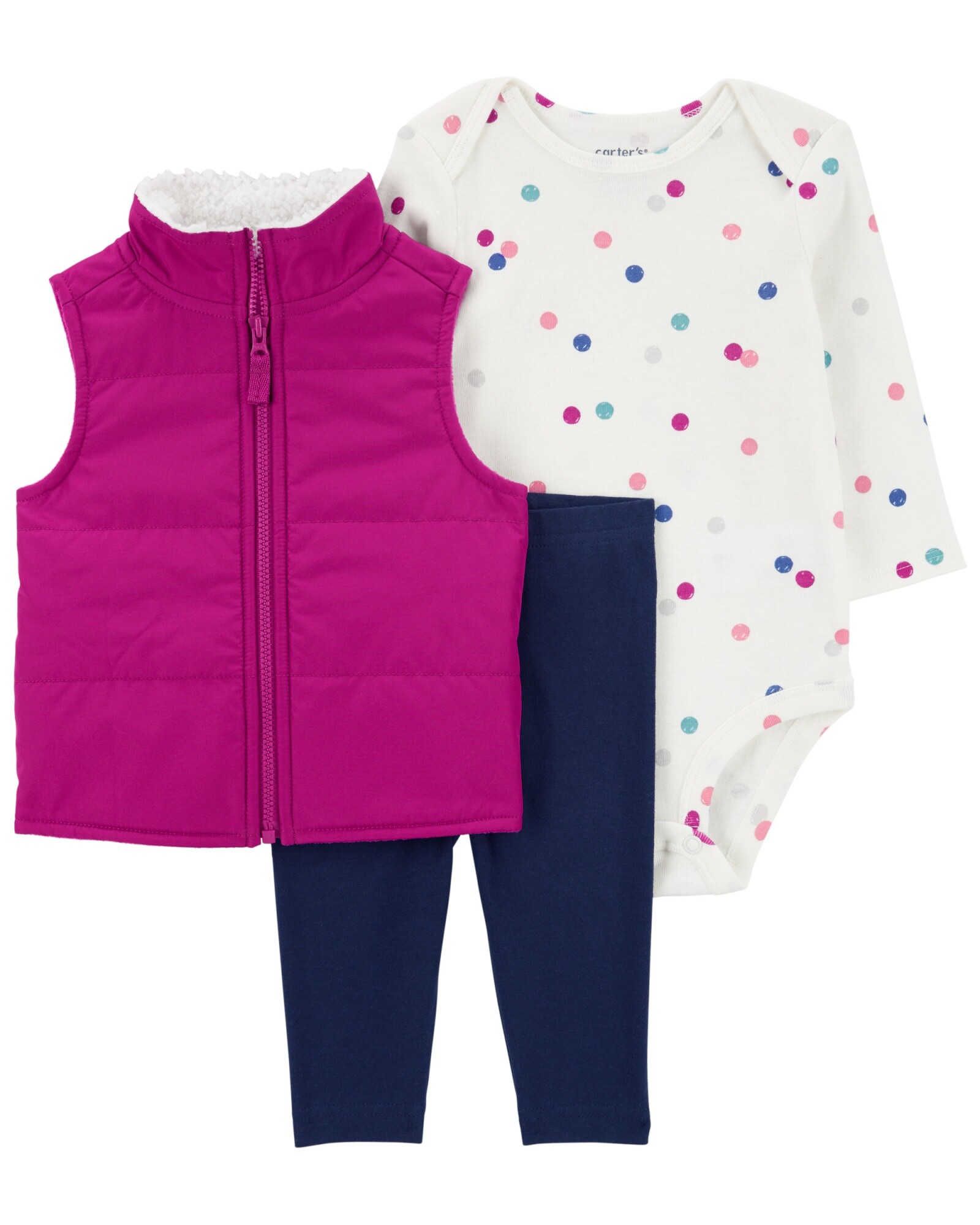 Set tres piezas, chaleco con cuello en sherpa, body y pelele de algodón Sin color