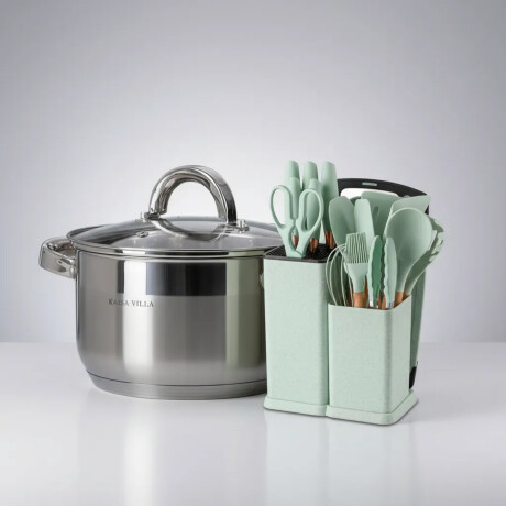 Set Cocina Utensilios Practico 19Pzs + Olla Acero Inoxi 22cm Verde Claro