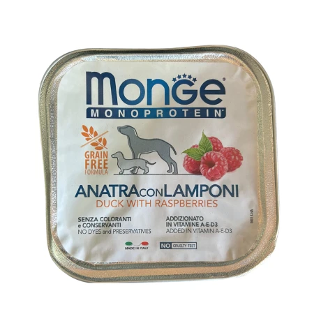 MONGE PATE MONOPROTEIN PERRO DUCK & RASPBERRIES 150GR Monge Pate Monoprotein Perro Duck & Raspberries 150gr