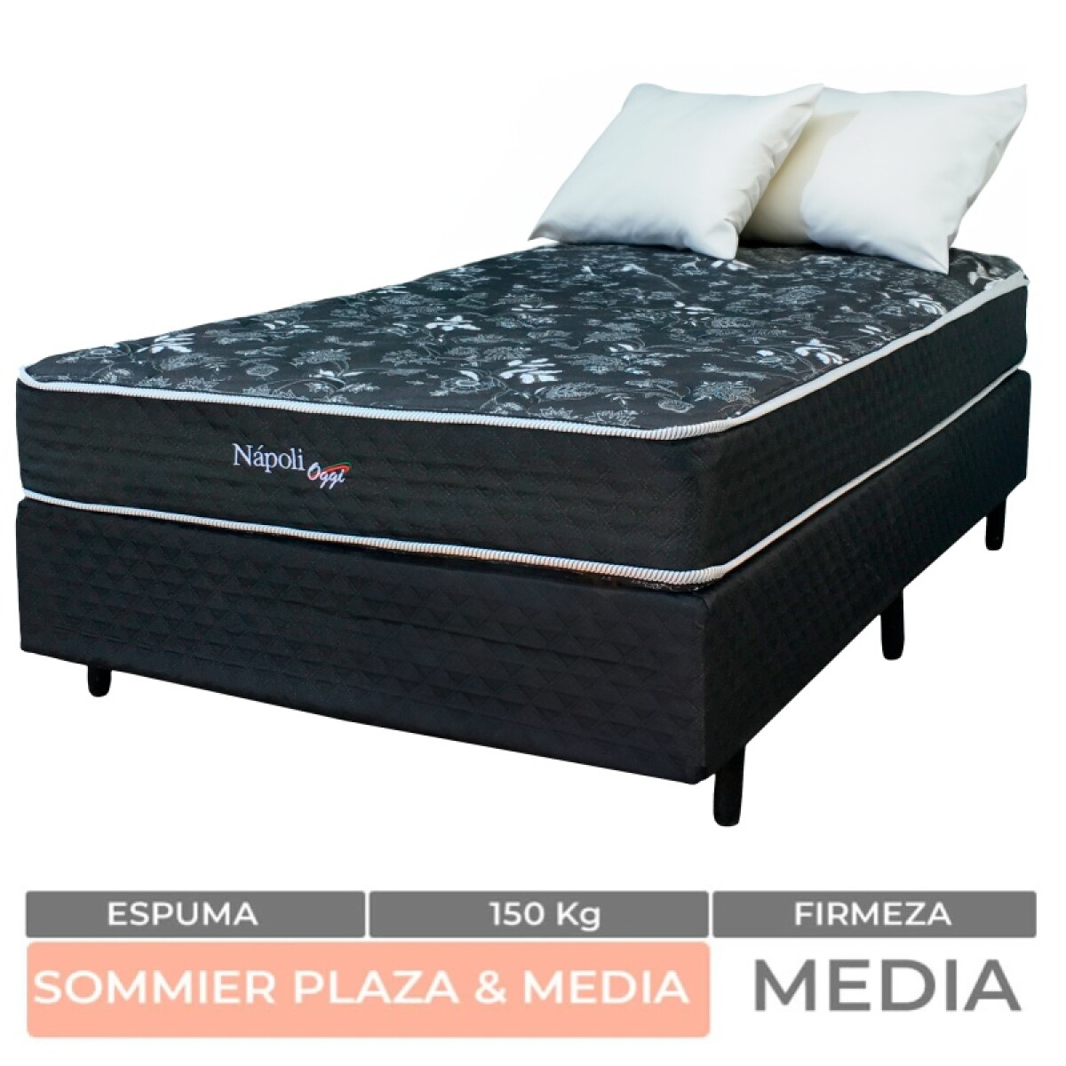 PLAZA Y MEDIA + BOX - Conjunto de Sommier Napoli Espuma de 1 y 1/2 Plaza 190x110x54 150K 