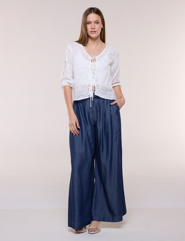 Cardigan Corto De Broderie Con Lazos Frontales CRUDO
