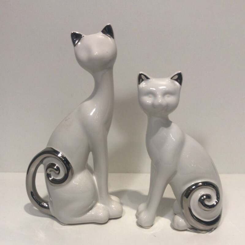 Juego de 2 Gatos En Cerámica - Blanco Y Plateado Juego de 2 Gatos En Cerámica - Blanco Y Plateado