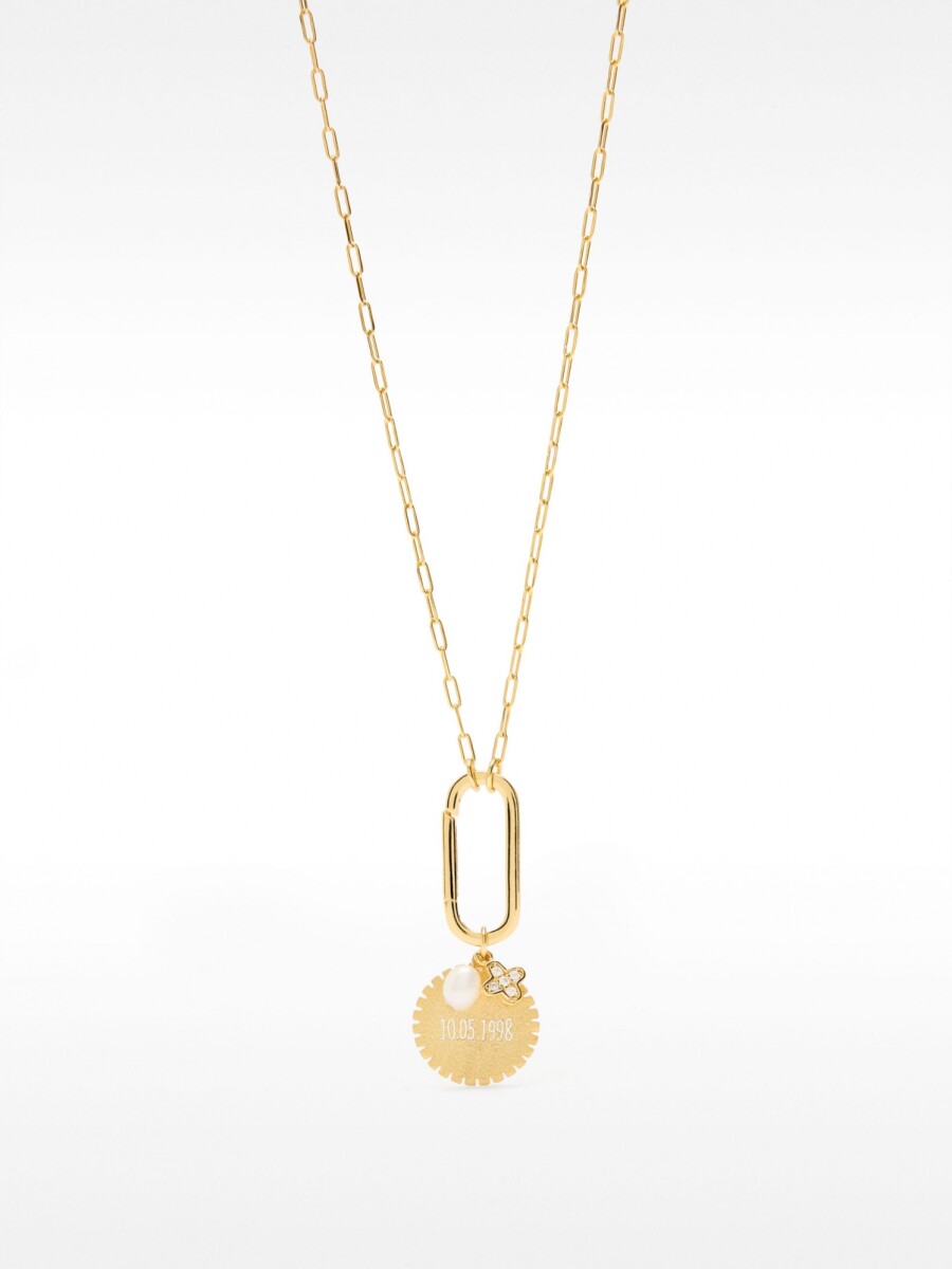 Collar De Eslabones Con Medalla Y Perla De Agua Dulce - Plata De Ley 925 dorado