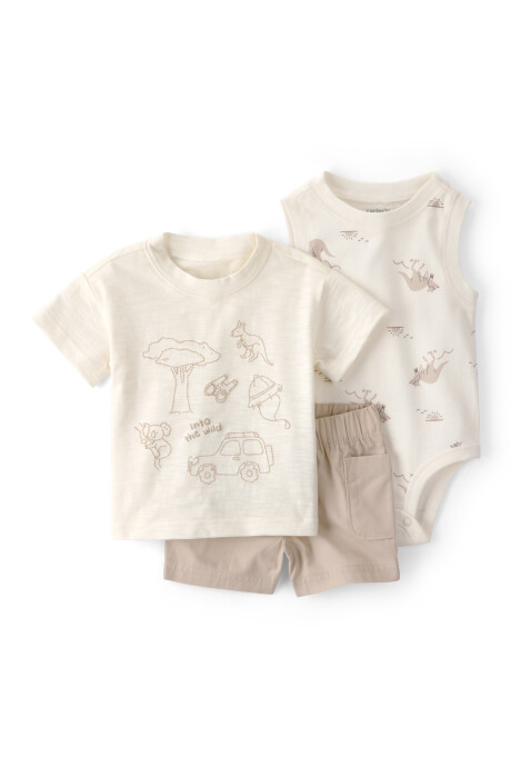 Set tres piezas de algodón, short, remera y body, beige, estampa safari Sin color