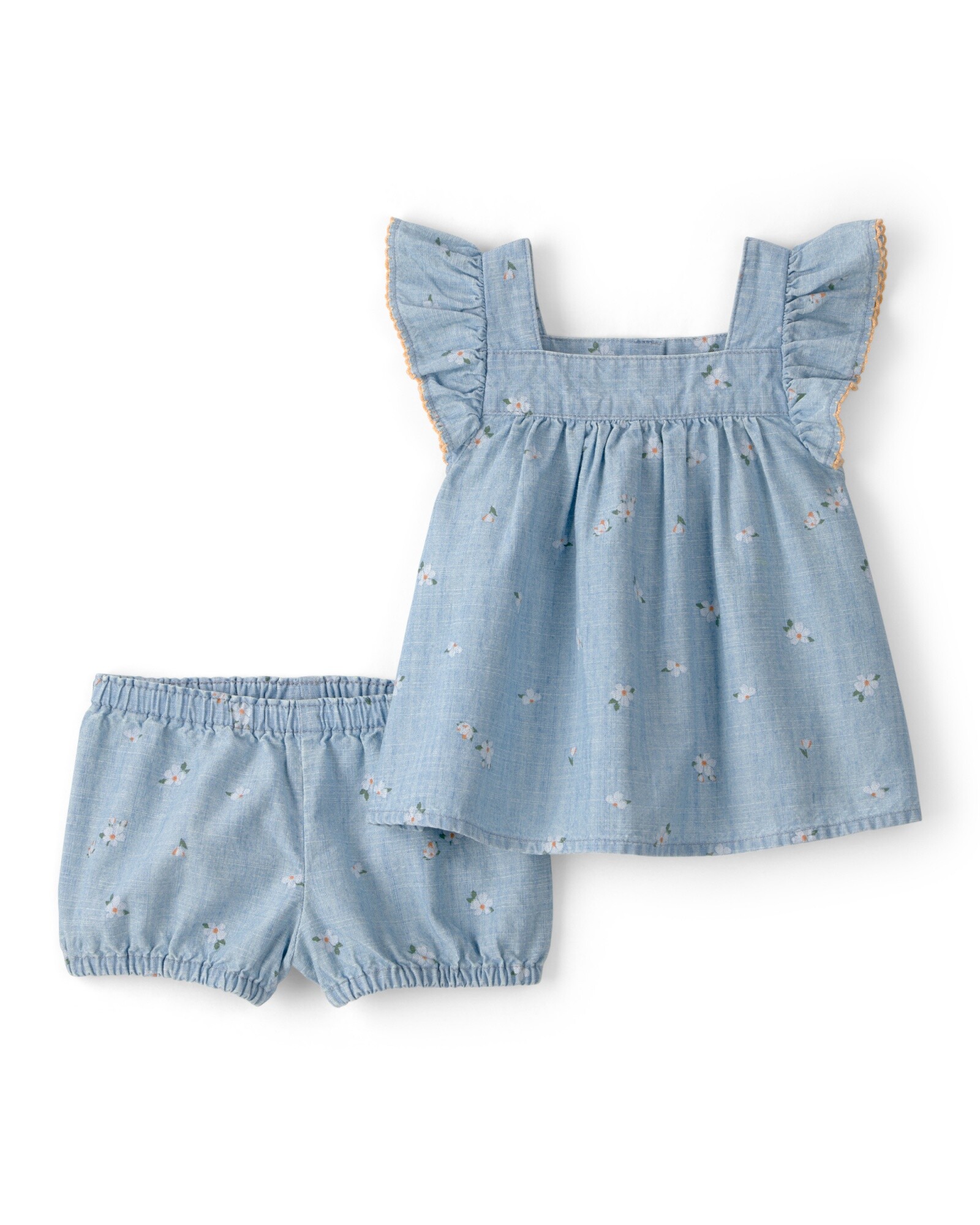 Set dos piezas de chambray, short y remera, azul, diseño floral Sin color