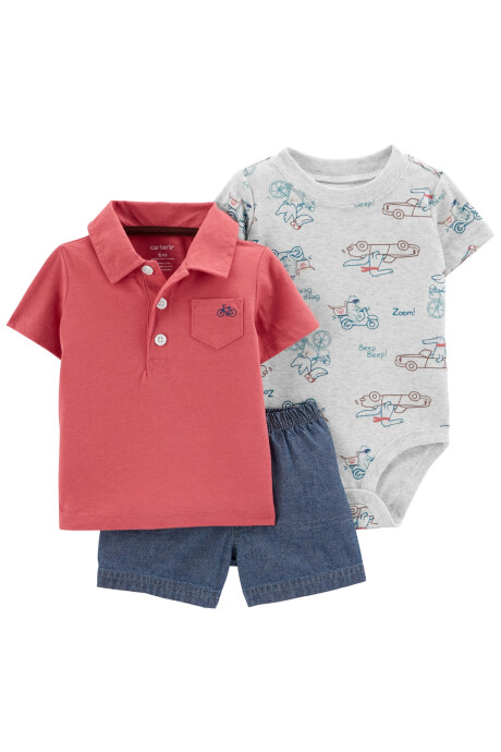 Set tres piezas short, remera polo y body de algodón Sin color