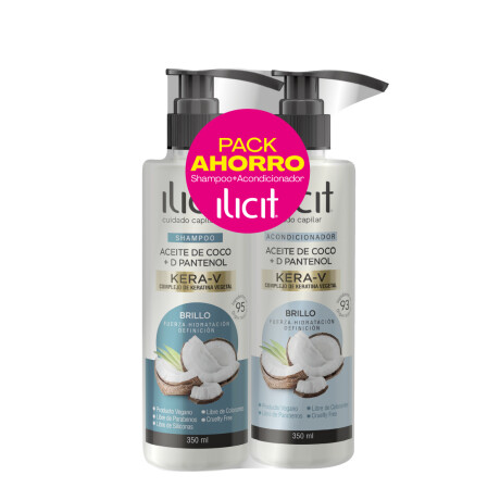 Pack Ilicit Shampoo 350 ml + Acondicionador 350 ml Brillo Aceite de coco + D Pantenol