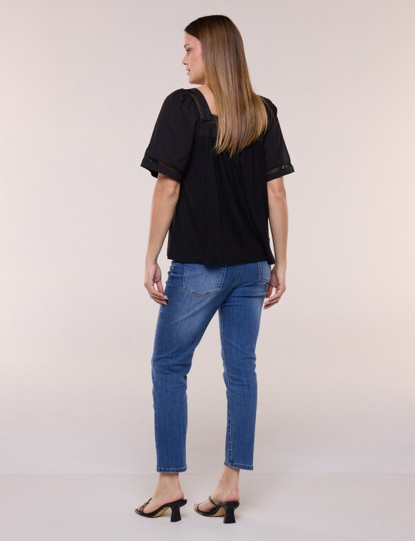 Blusa Holgada Escote Cuadrado Con Puntilla Calada NEGRO