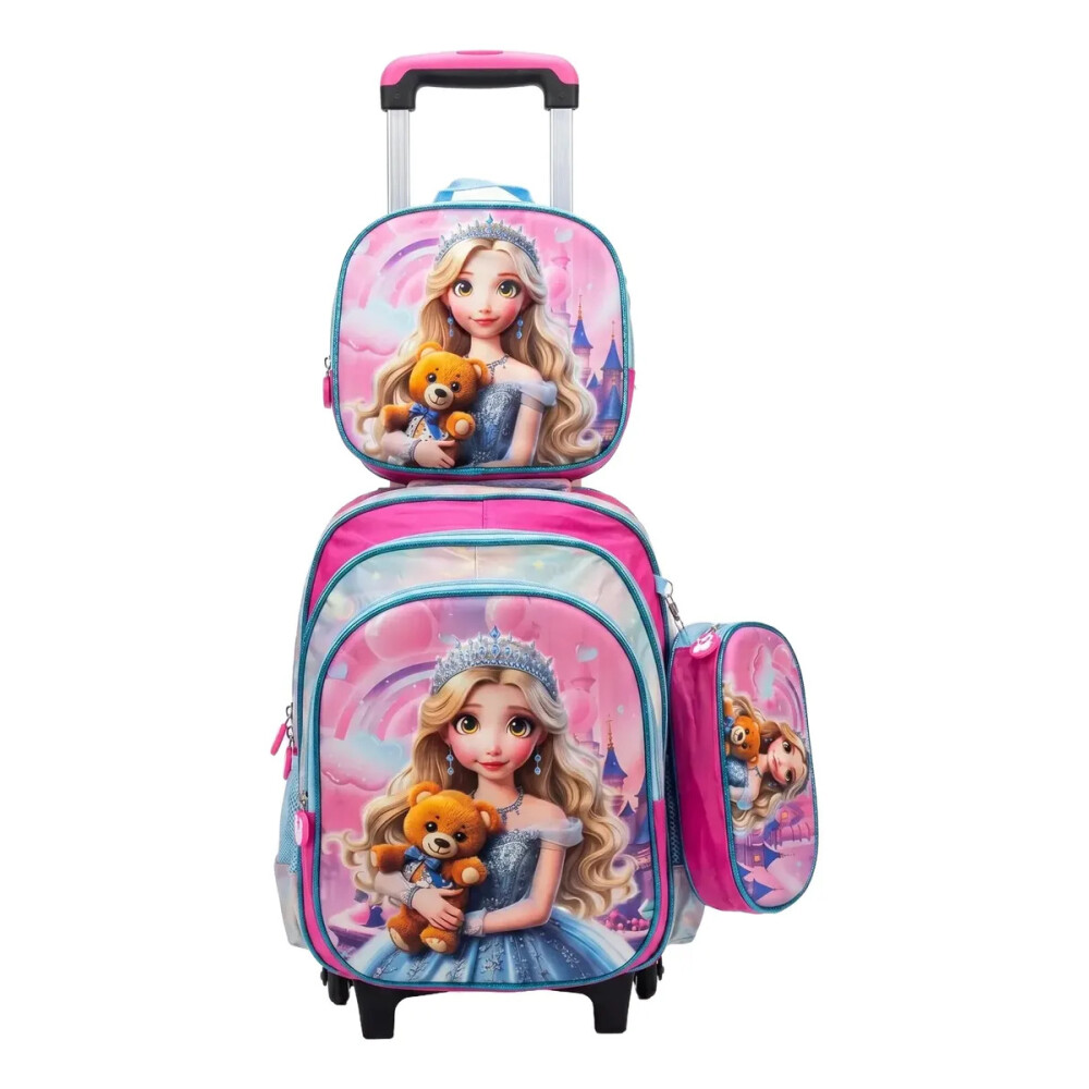 Mochila con carrito, lonchera y cartuchera. Princesa oso marrón