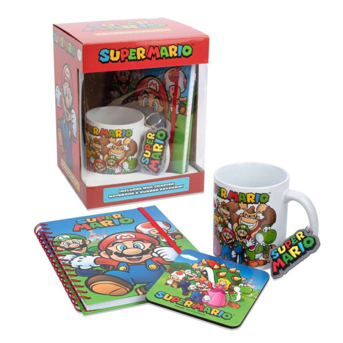 Super Mario: Taza - Libreta - Posavaso - Llavero - Pack 