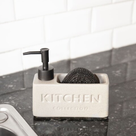 Dispensador de jabón de cocina con porta esponja beige