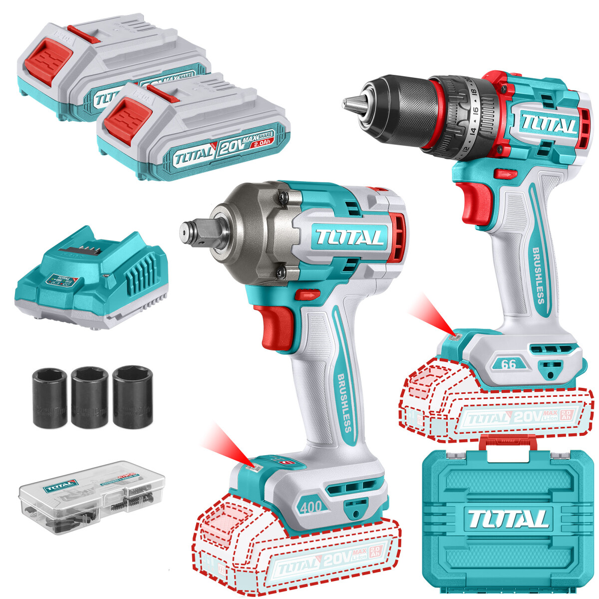 Kit Línea 20v Sin Carbones: Llave Impacto 1/2'' + Atornillador Con Percutor 66nm, 2 Baterías 2.0Ah 