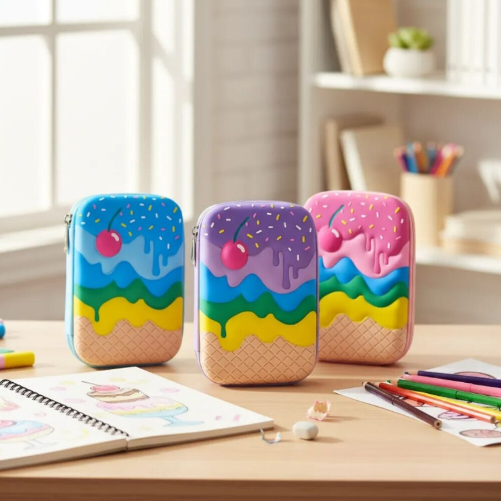 Cartucheras Escolares 1piso estampados 3D Niña HELADO CELESTE