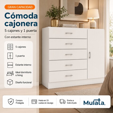 Comoda Cajonera para Dormitorio de 5 Cajones 1 Puerta y 1 Estante interno - FE - Blanco Comoda Cajonera para Dormitorio de 5 Cajones 1 Puerta y 1 Estante interno - FE - Blanco