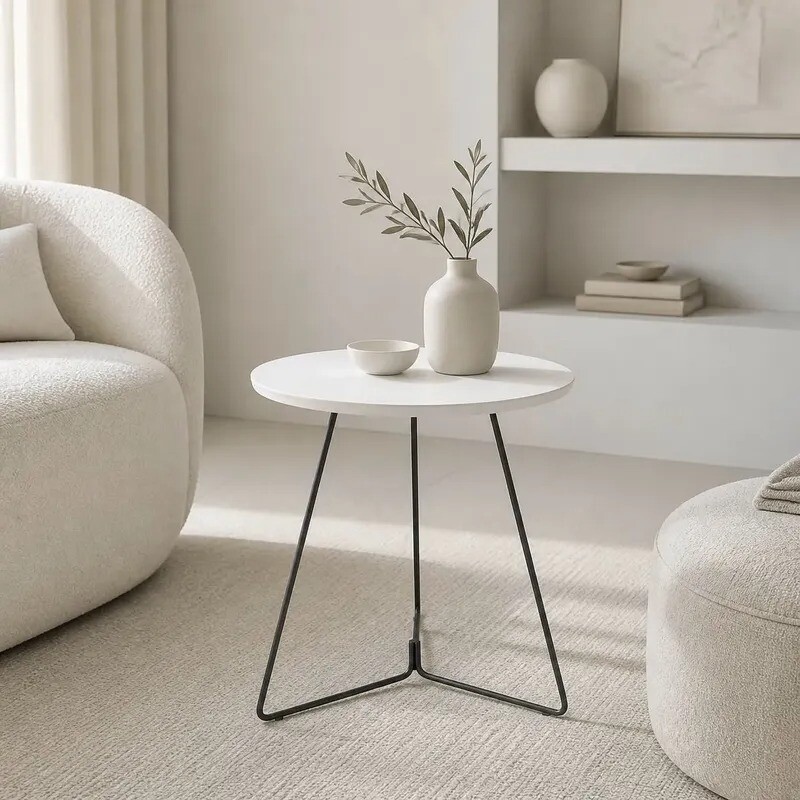 MESA LATERAL REDONDA - TAPA DE MADERA COLOR BLANCO Y PIE EN METAL GRAFITO MESA LATERAL REDONDA - TAPA DE MADERA COLOR BLANCO Y PIE EN METAL GRAFITO