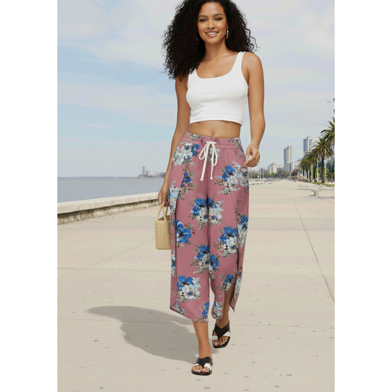 Pantalón Palazzo Elastizado Estampado con Abertura M4
