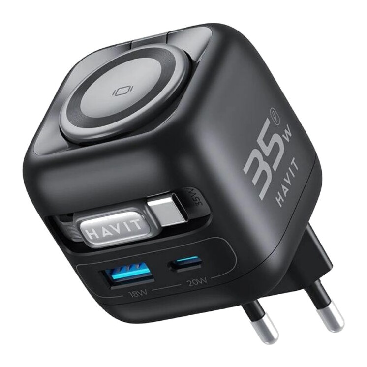 Cargador Havit UC250 GaN 35 W con Cable USB-C Retráctil y Cargador para Reloj Cargador Havit UC250 GaN 35 W con Cable USB-C Retráctil y Cargador para Reloj