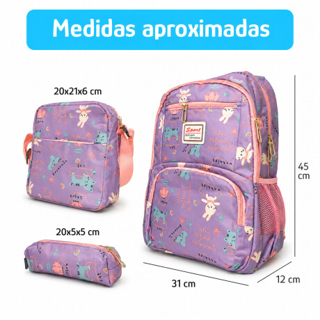 Set Mochila 3 Piezas Diseño Animalitos Escolar Resistente Lila