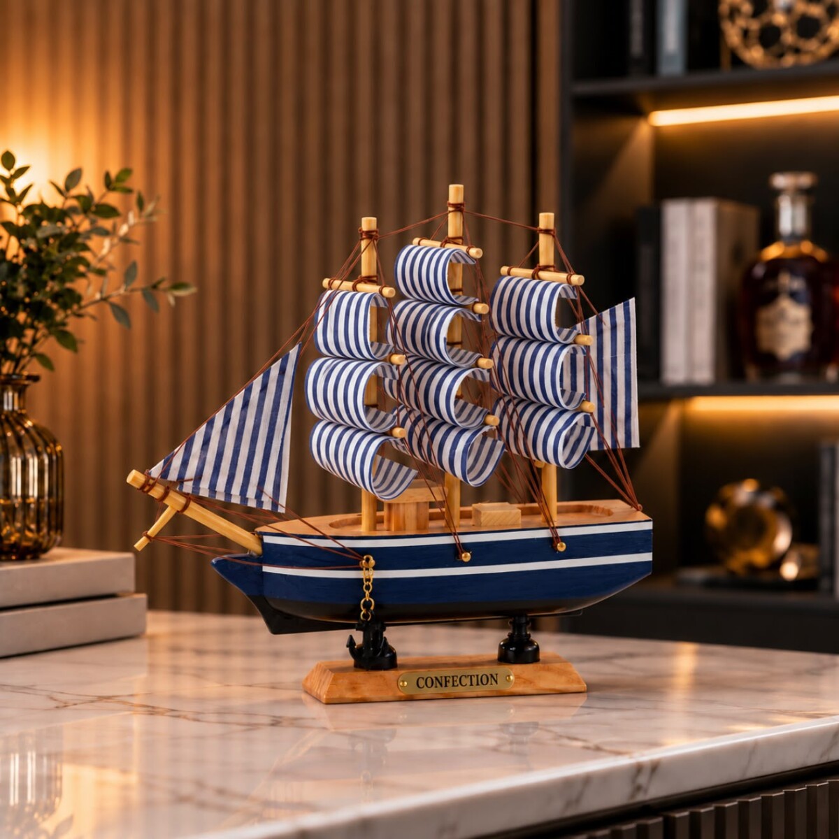 Barco Velero Decorativo de Madera – Azul Marino - Largo 16cm/ Altura 16 cm 