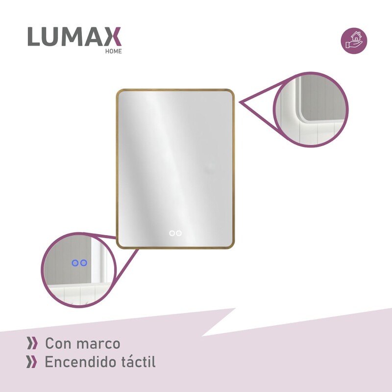 Espejo Vertical Lumax c/marco desempañador y Luz 90x70cm Dorado